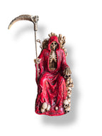FIGURA SANTA  MUERTE ROJA SENTADA TRONO