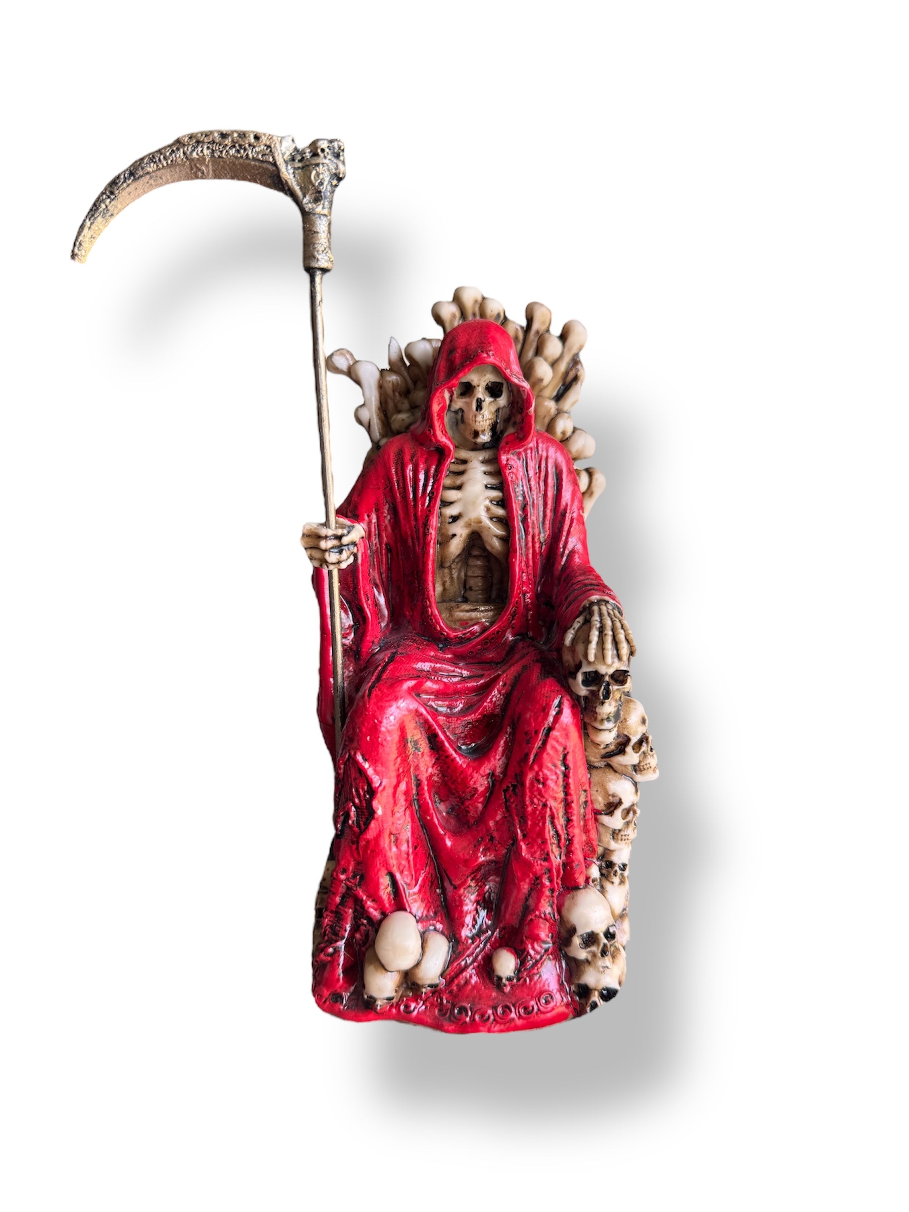 FIGURA SANTA  MUERTE ROJA SENTADA TRONO
