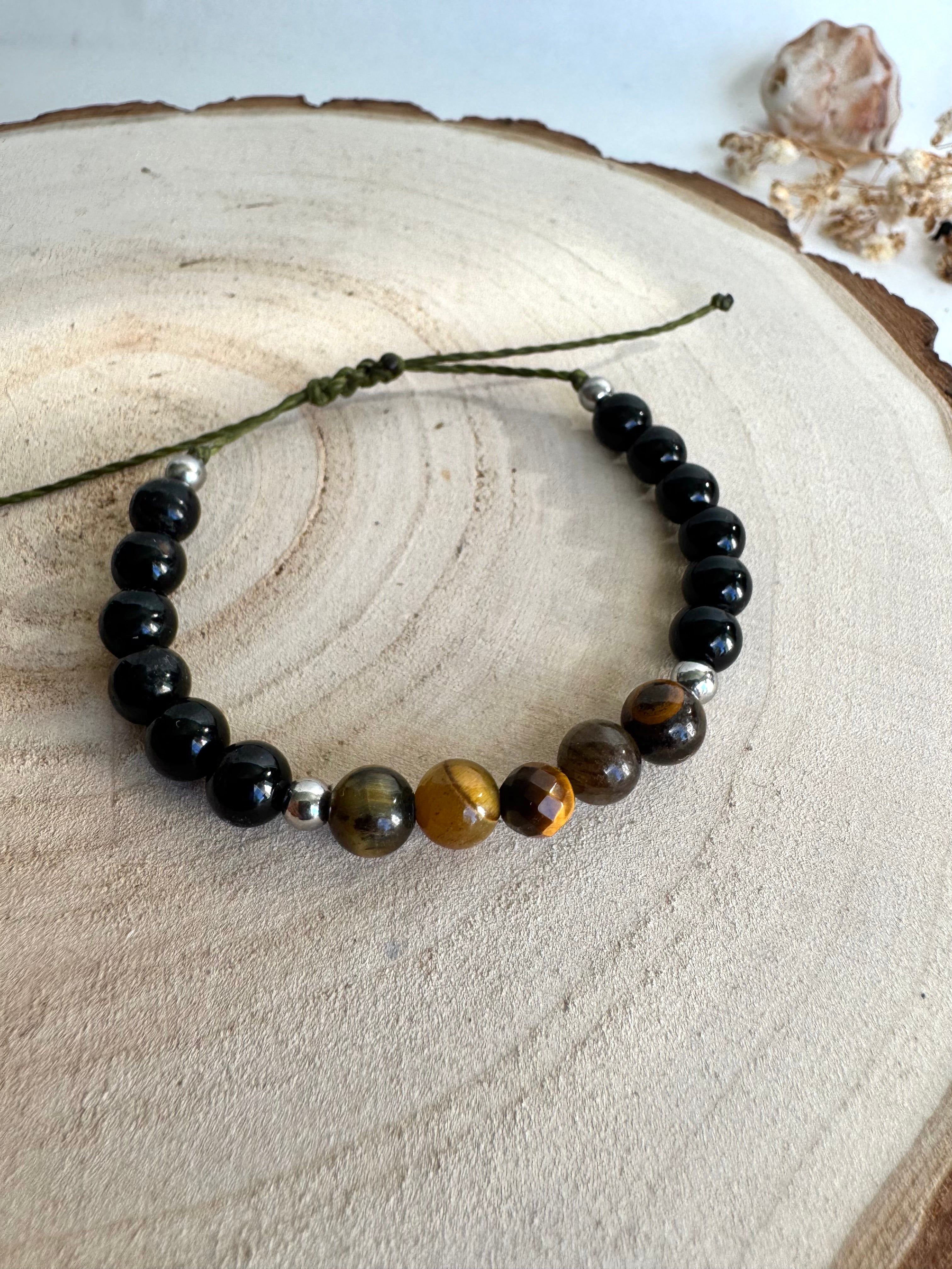 PULSERA MACRAMÉ TRIPLE PROTECCIÓN | OBSIDIANA | OJO TIGRE | TURMALINA