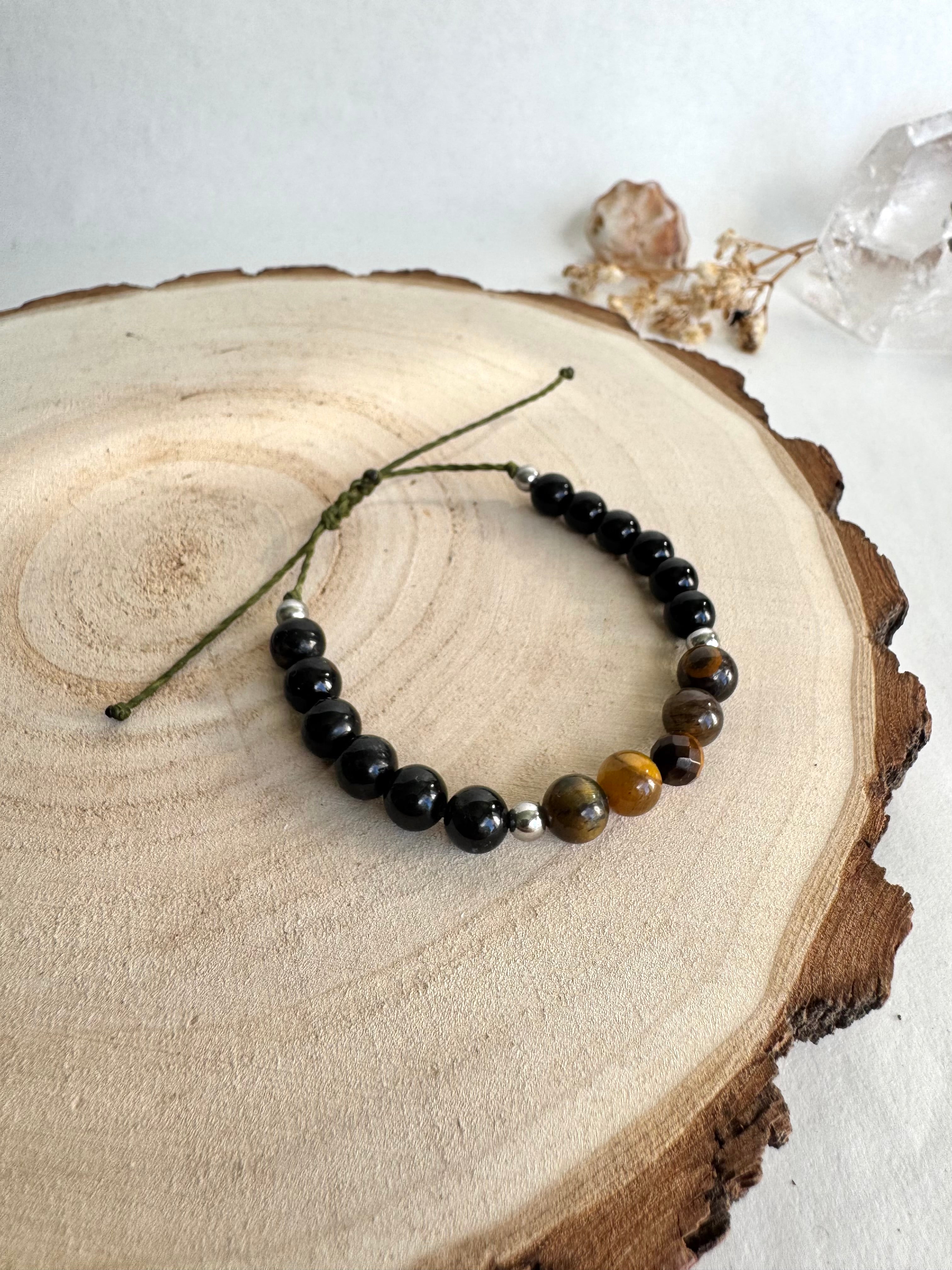 PULSERA MACRAMÉ TRIPLE PROTECCIÓN | OBSIDIANA | OJO TIGRE | TURMALINA