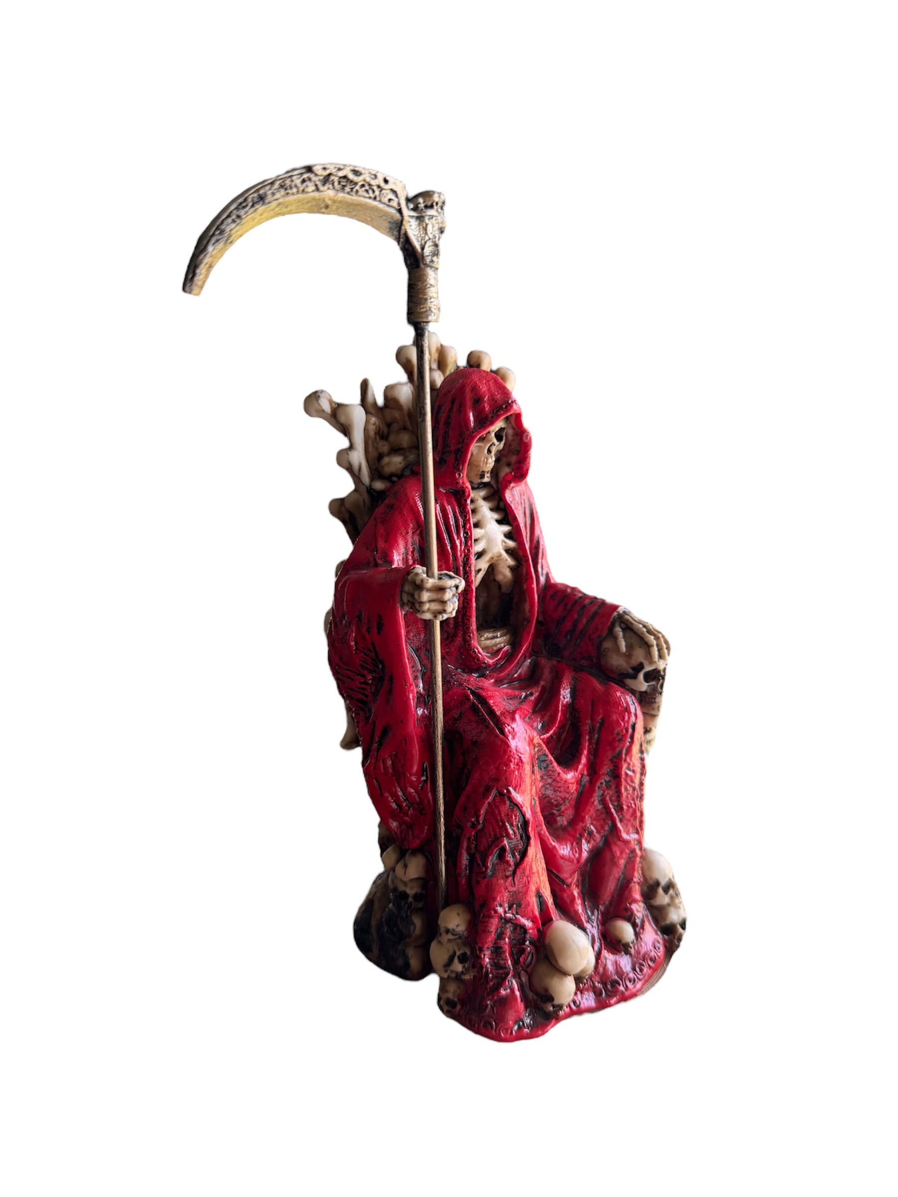 FIGURA SANTA  MUERTE ROJA SENTADA TRONO