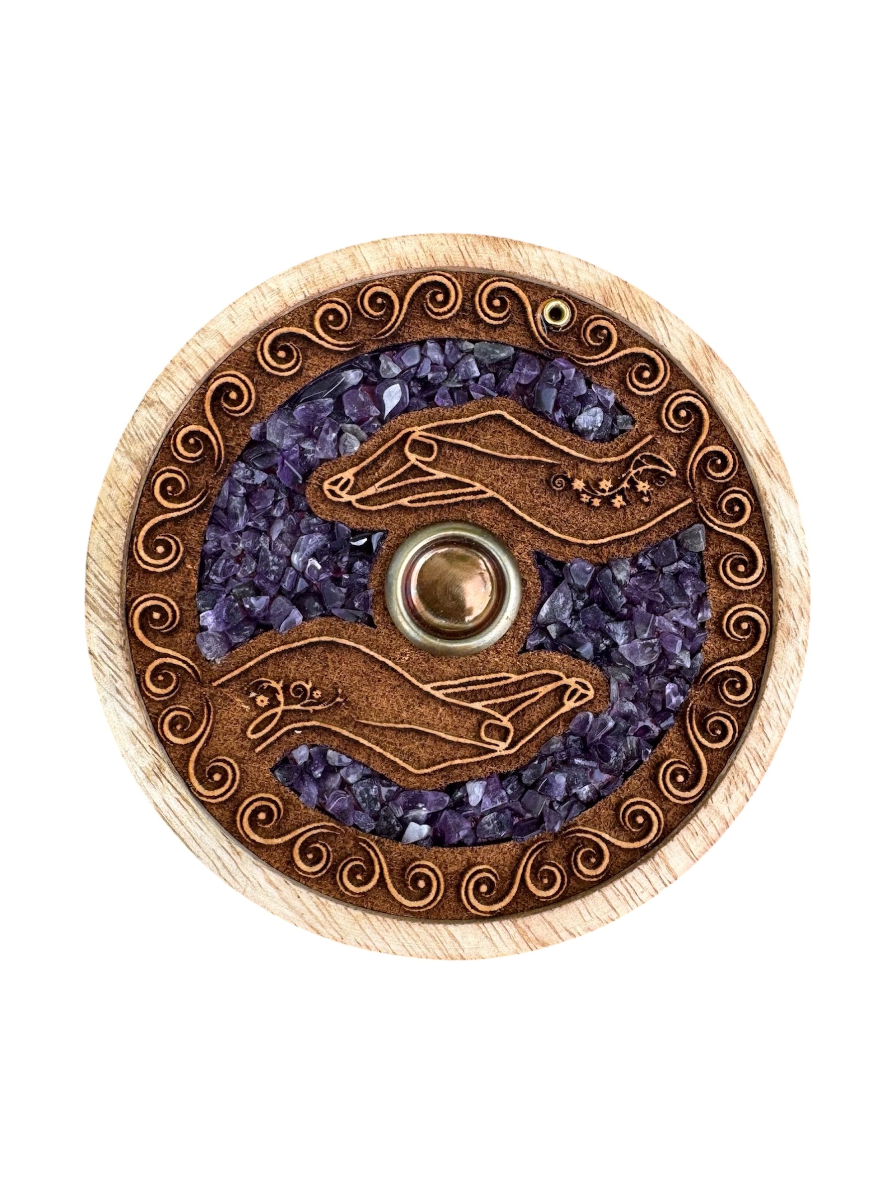 PORTA INCIENSO MADERA MANO  Y AMATISTA