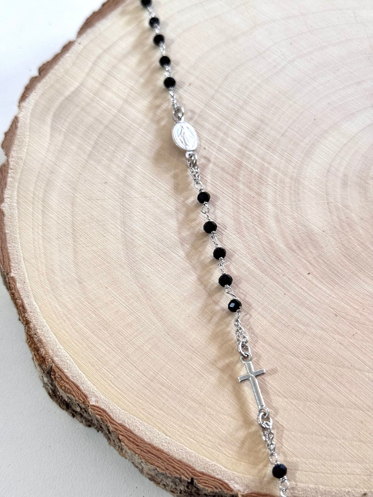 PULSERA DE PLATA VIRGEN MILAGROSA Y CRUZ CON ÓNIX | PROTECCIÓN