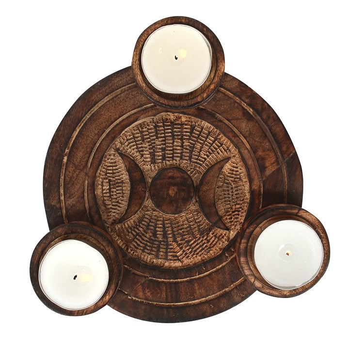 PORTA VELAS MADERA TRIPLE LUNA