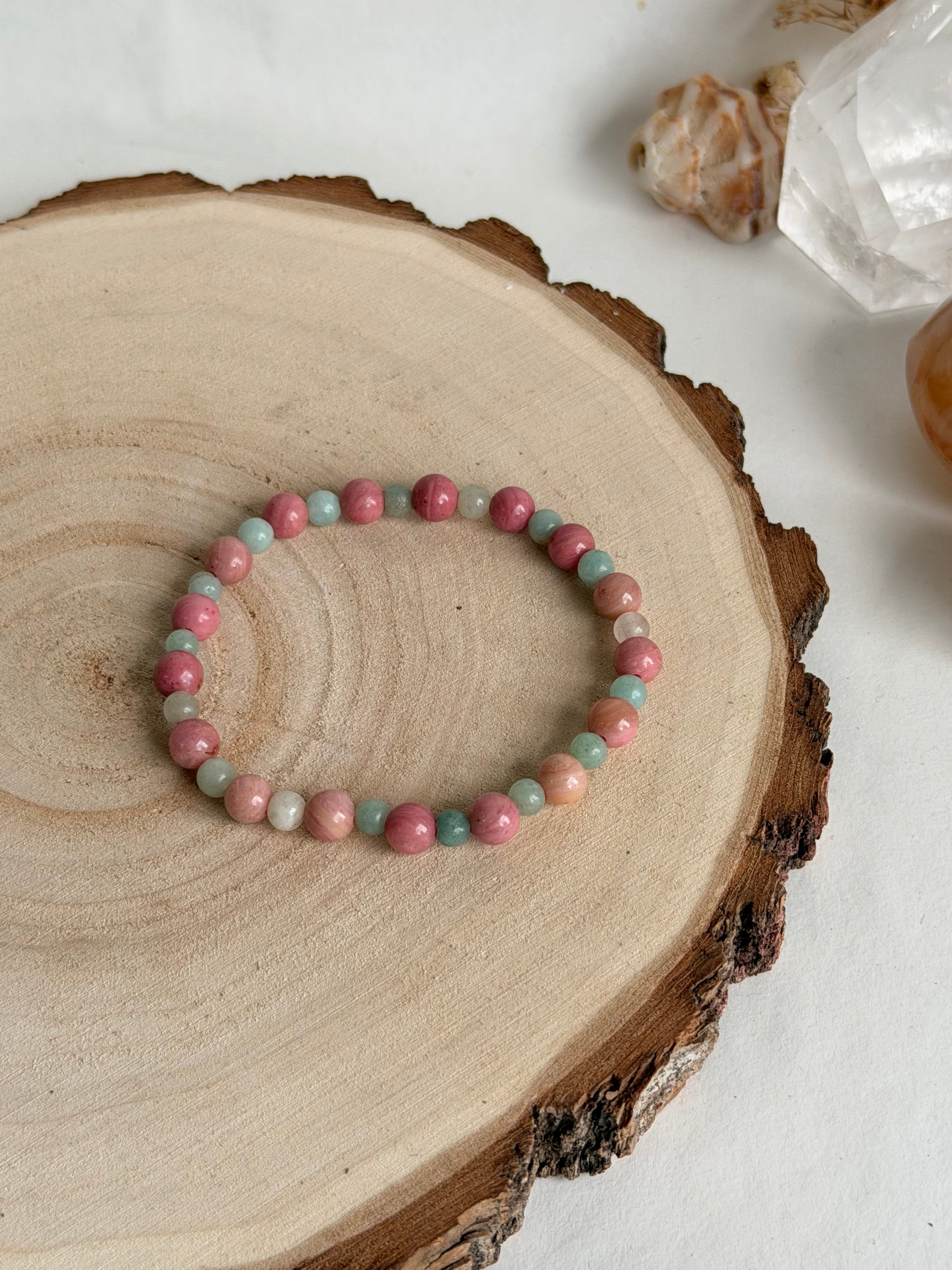 PULSERA ELÁSTICA LIBERACIÓN BLOQUEOS | RODONITA Y AMAZONITA