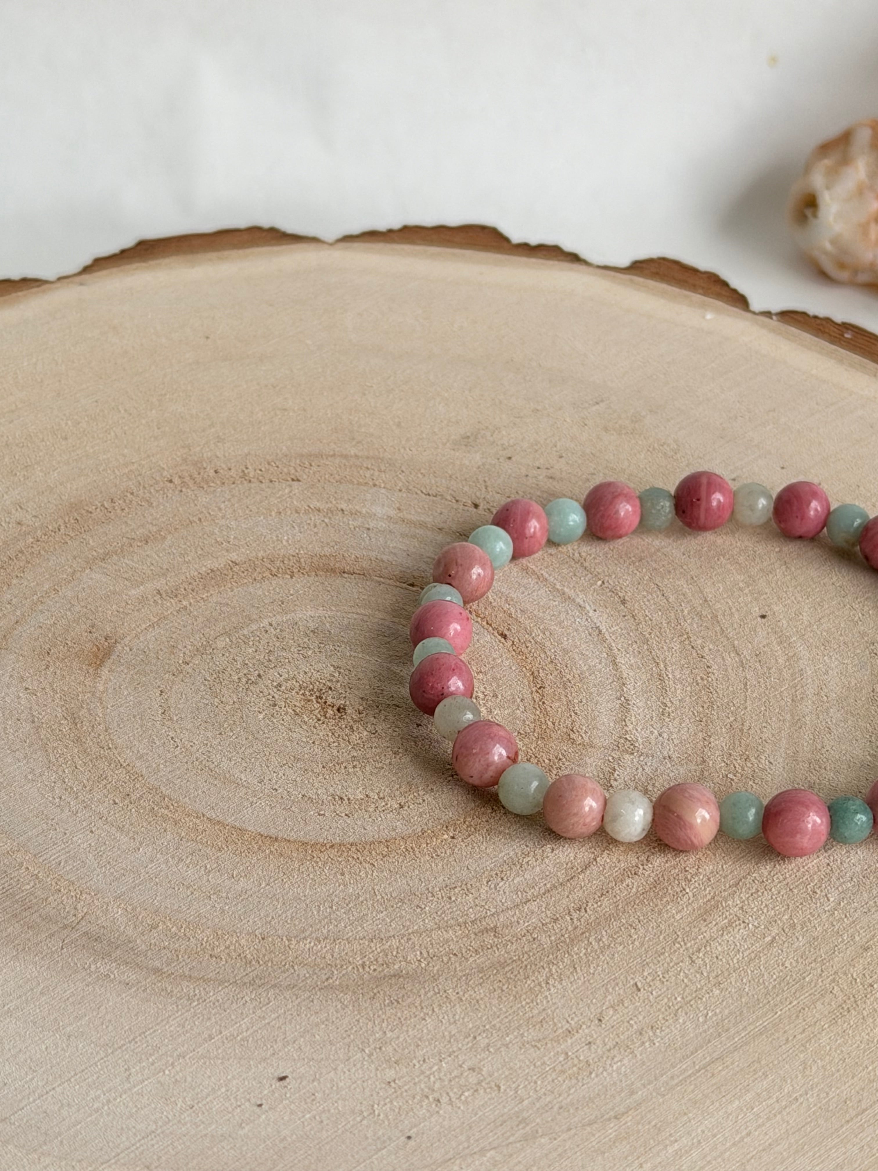 PULSERA ELÁSTICA LIBERACIÓN BLOQUEOS | RODONITA Y AMAZONITA