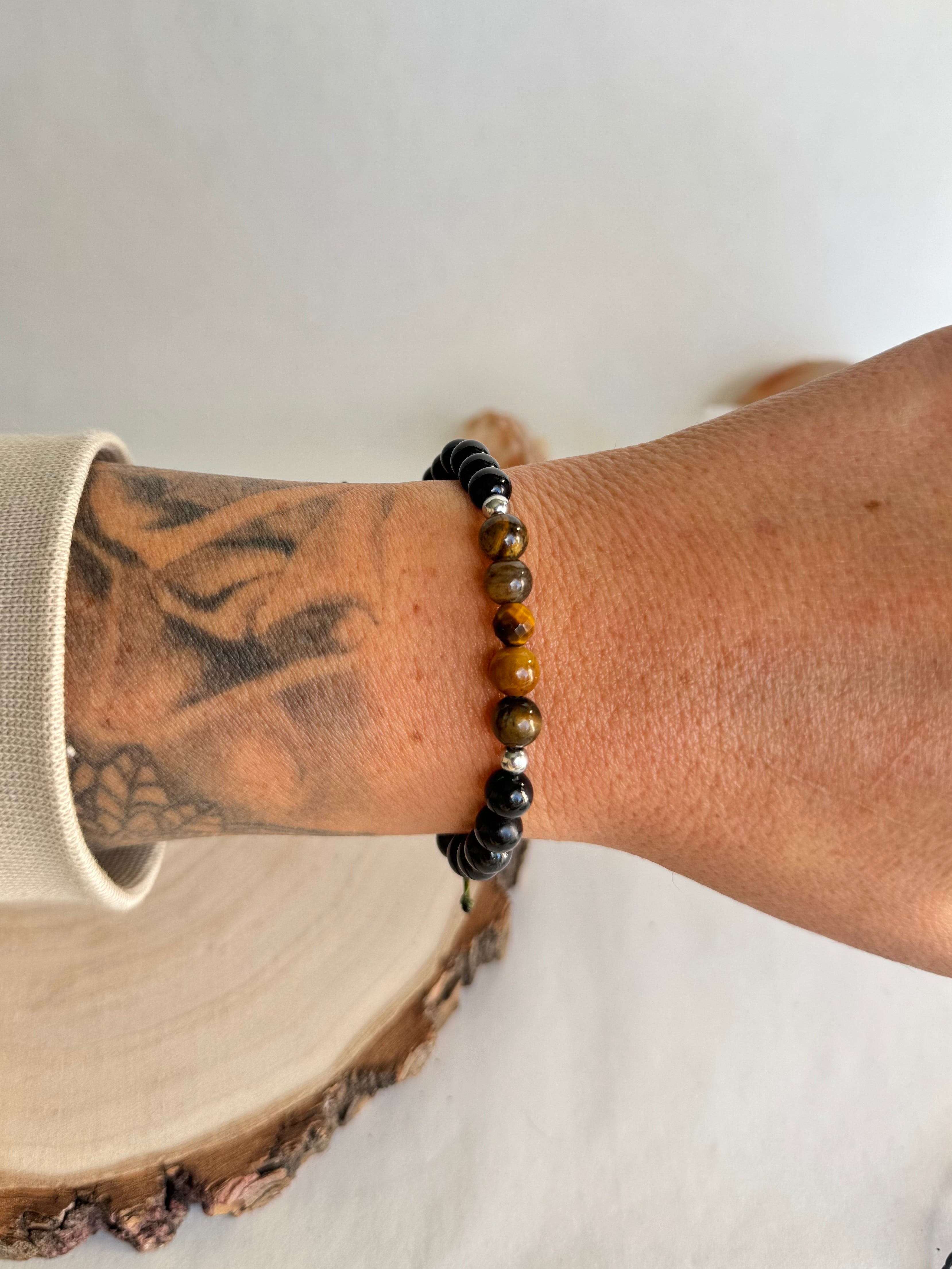 PULSERA MACRAMÉ TRIPLE PROTECCIÓN | OBSIDIANA | OJO TIGRE | TURMALINA