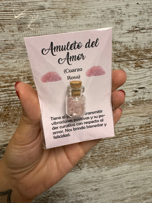 Amuleto botella de amor cuarzo rosa